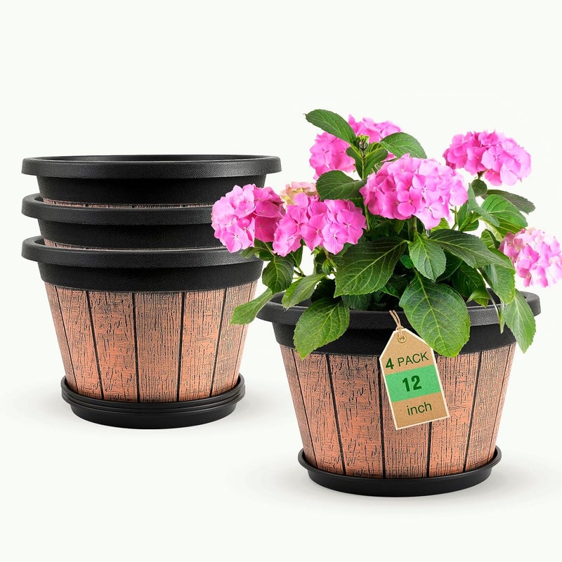 Quarut 4 Pack 12 inch Plant Pots,Whiskey Barrel Planters with Drainage Holes & Saucer,Plastic Decoration Flower Pots Retro Design,Planters for Outdoor Indoor Garden Home Plants (Brown) - Image 1